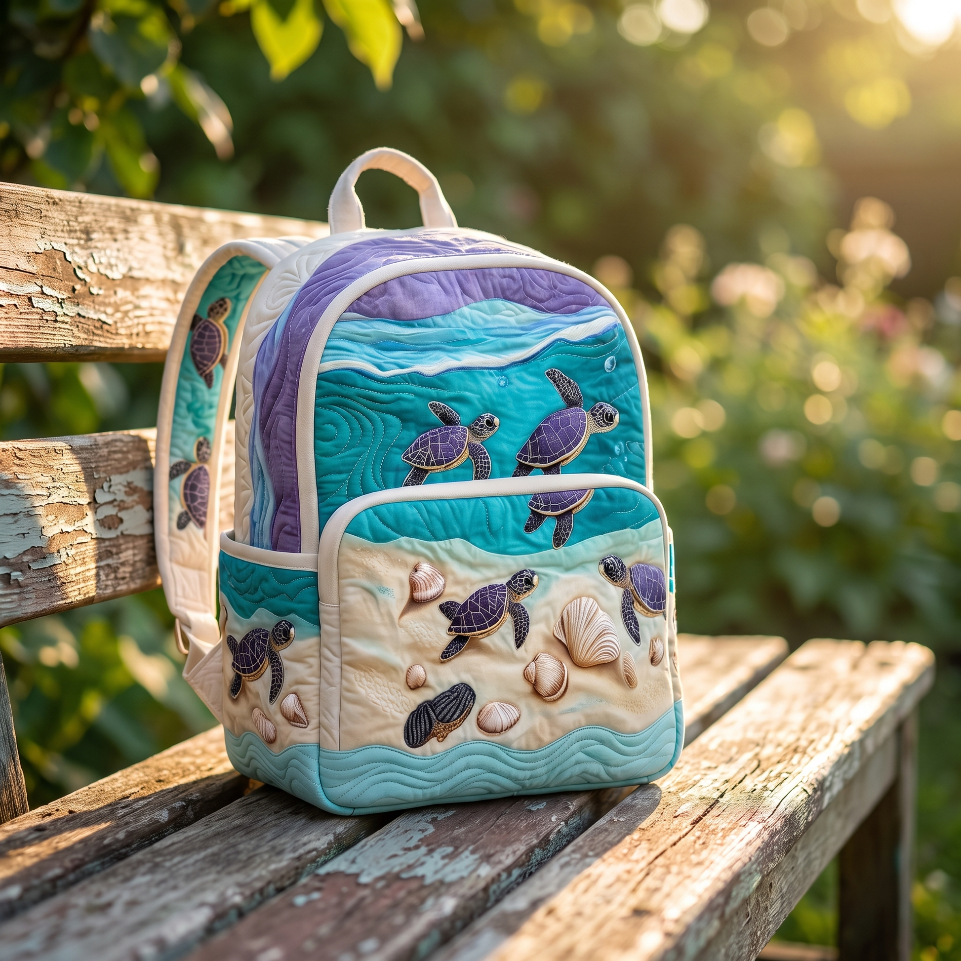 Coastal sea turtle hand-quilted backpack, turquoise and lavender