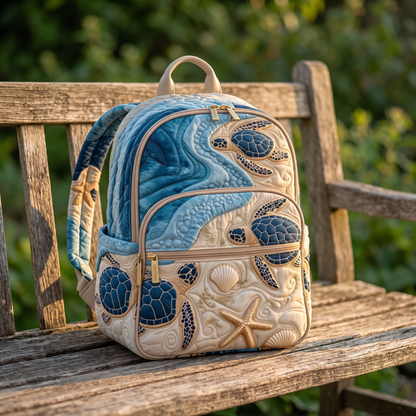 Ocean sea turtle hand-quilted backpack, blue