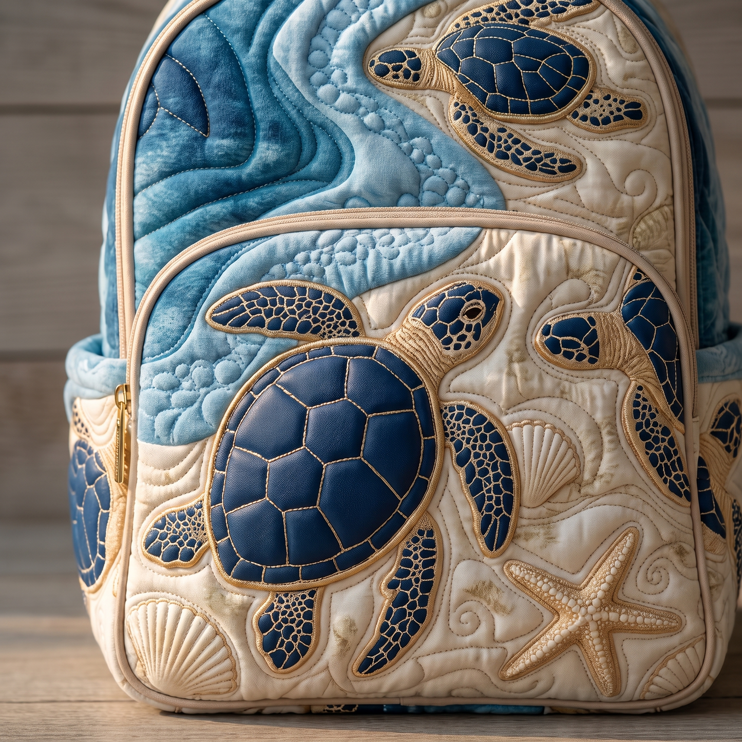 Close-up of the blue sea turtle applique and quilting
