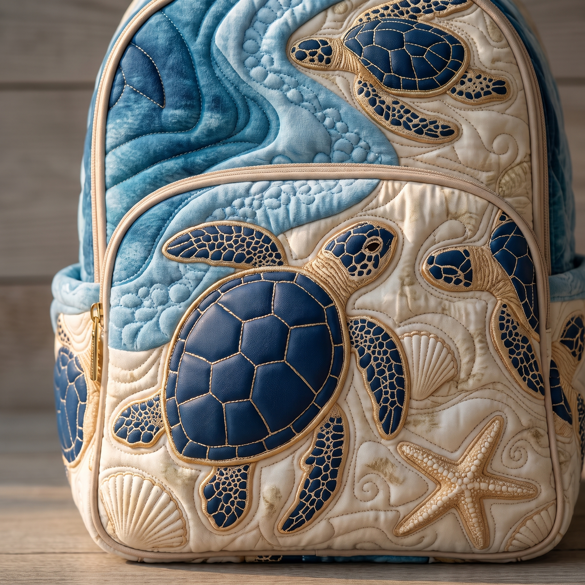 Close-up of the blue sea turtle applique and quilting