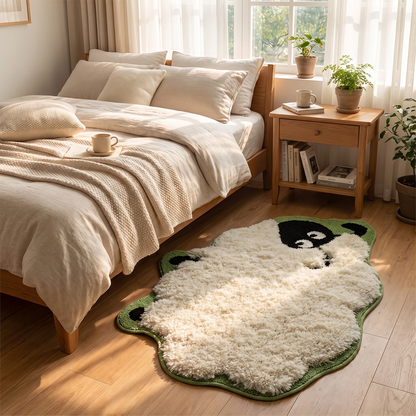 Sheep rug beside a cozy bed in morning light