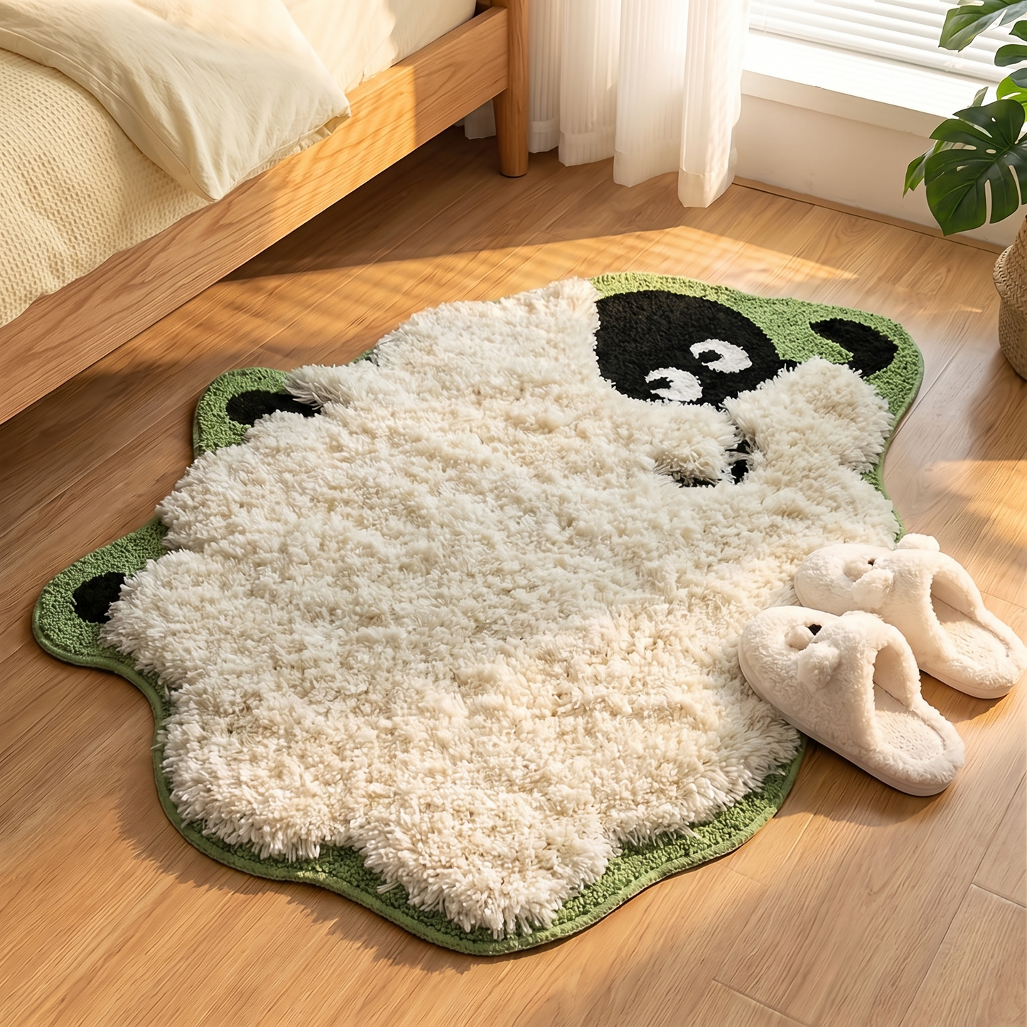 Sheep rug at a bedside with soft slippers