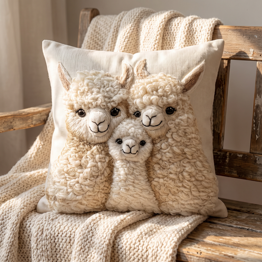Delia's hand-quilted Alpaca Trio cushion, three cream alpacas in raised needlework