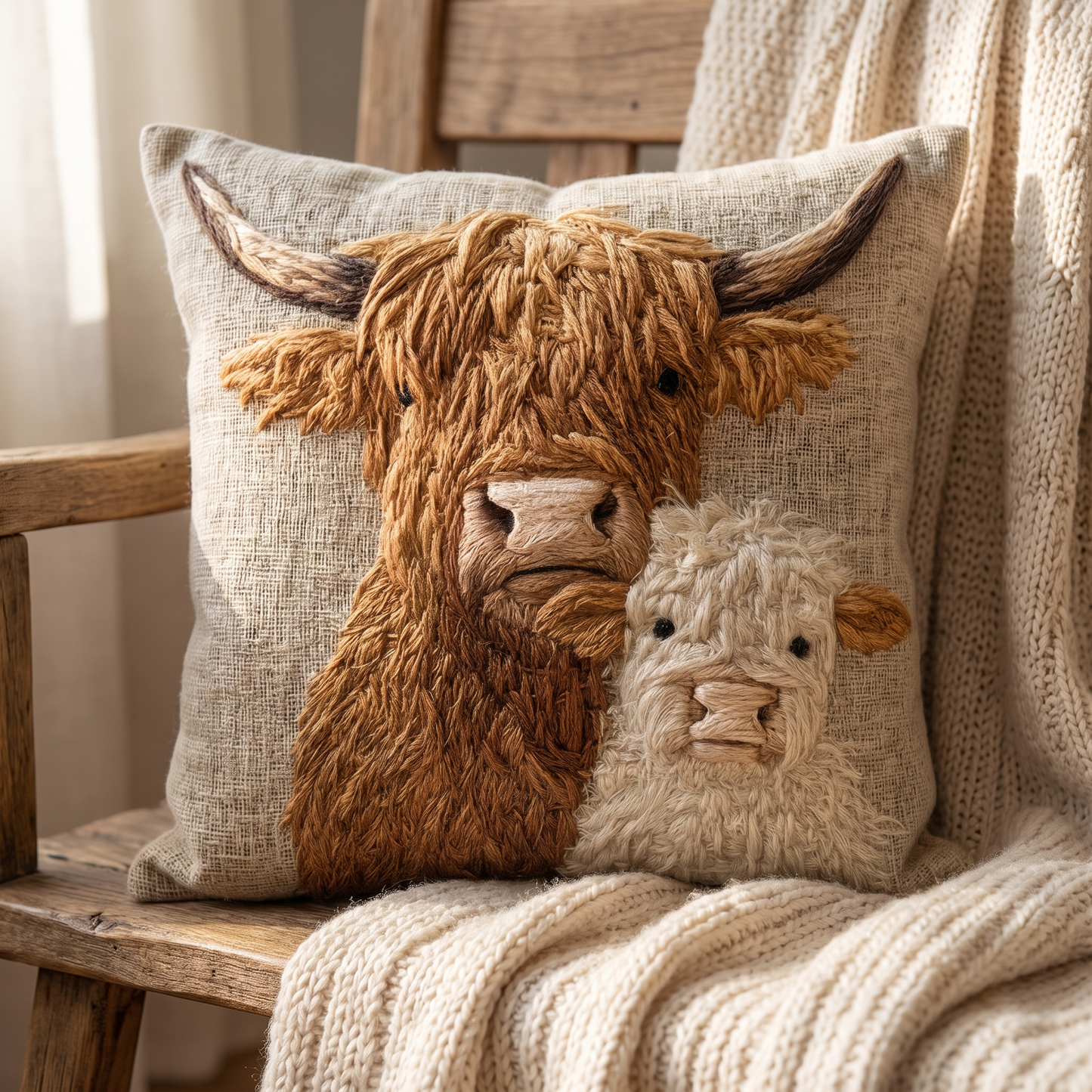 Delia's hand-quilted Highland Cow and Calf cushion in raised needlework