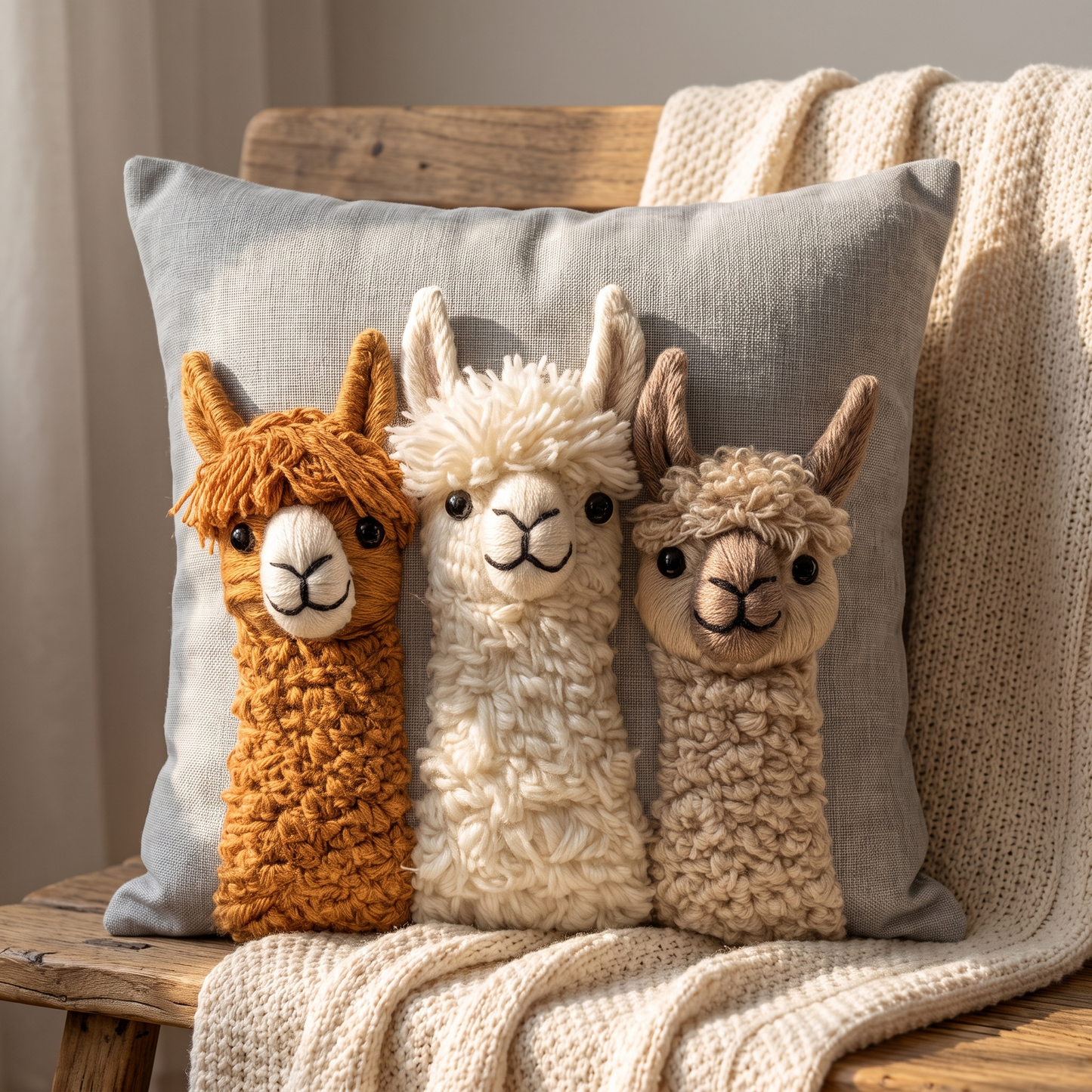 Delia's hand-quilted Llama Trio cushion, three llama heads in raised needlework