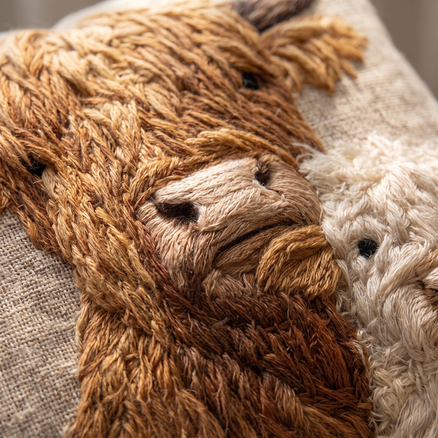 Highland Cow and Calf cushion raised needlework close-up