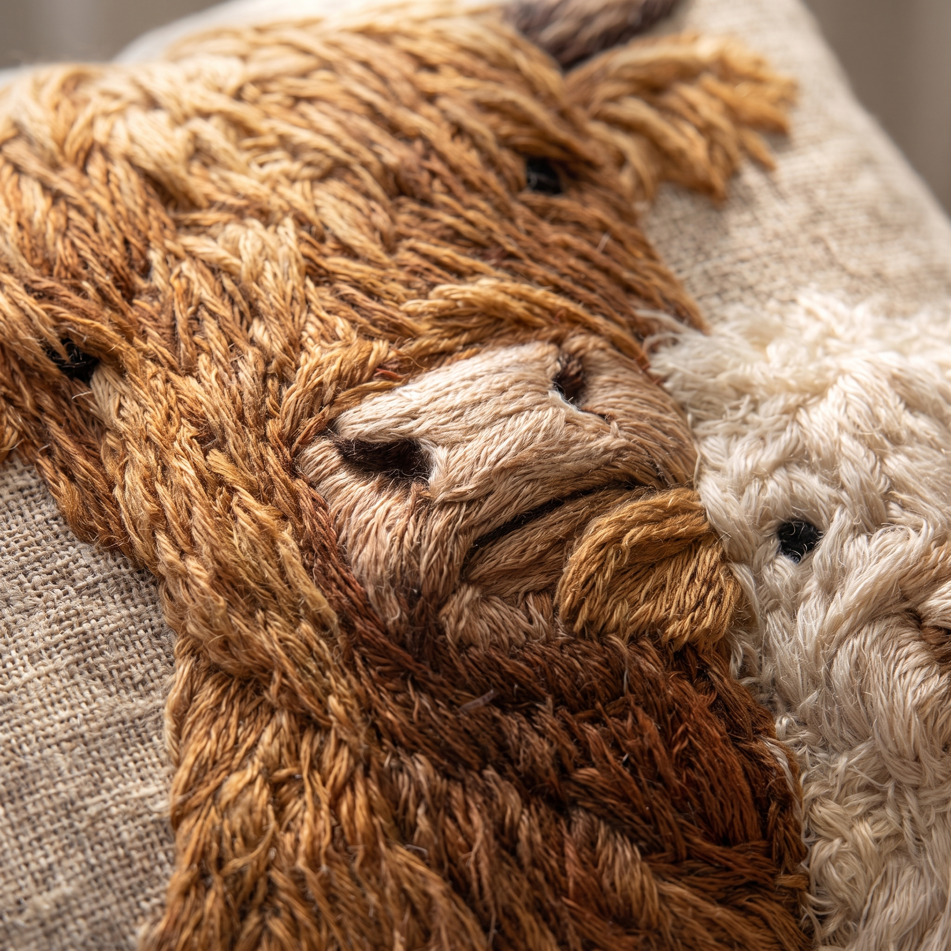 Highland Cow and Calf cushion raised needlework close-up