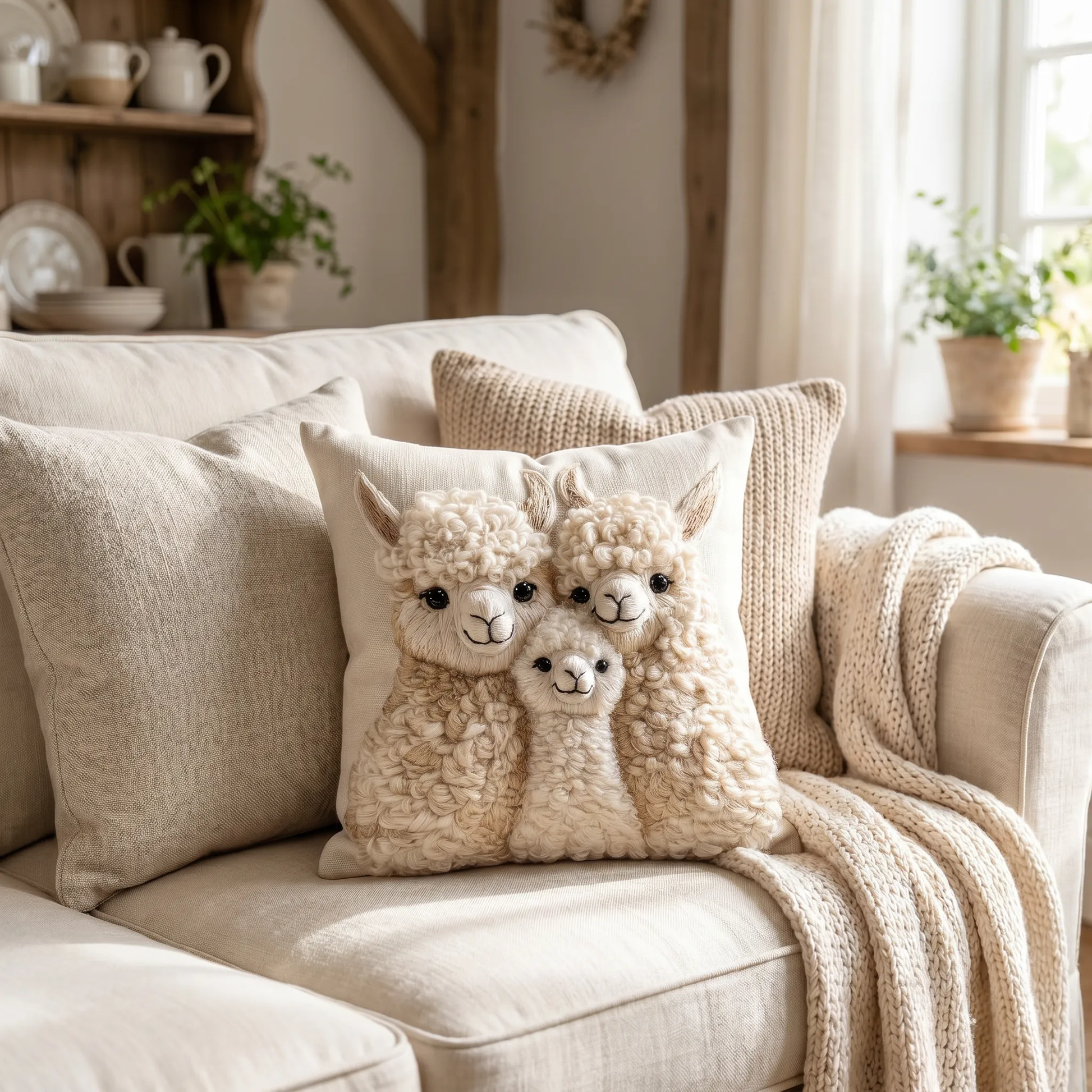 Alpaca Trio cushion styled on a linen sofa