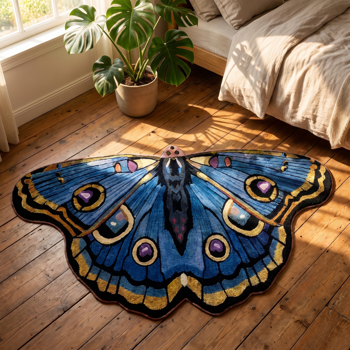 Hand-tufted butterfly rug on a wood floor