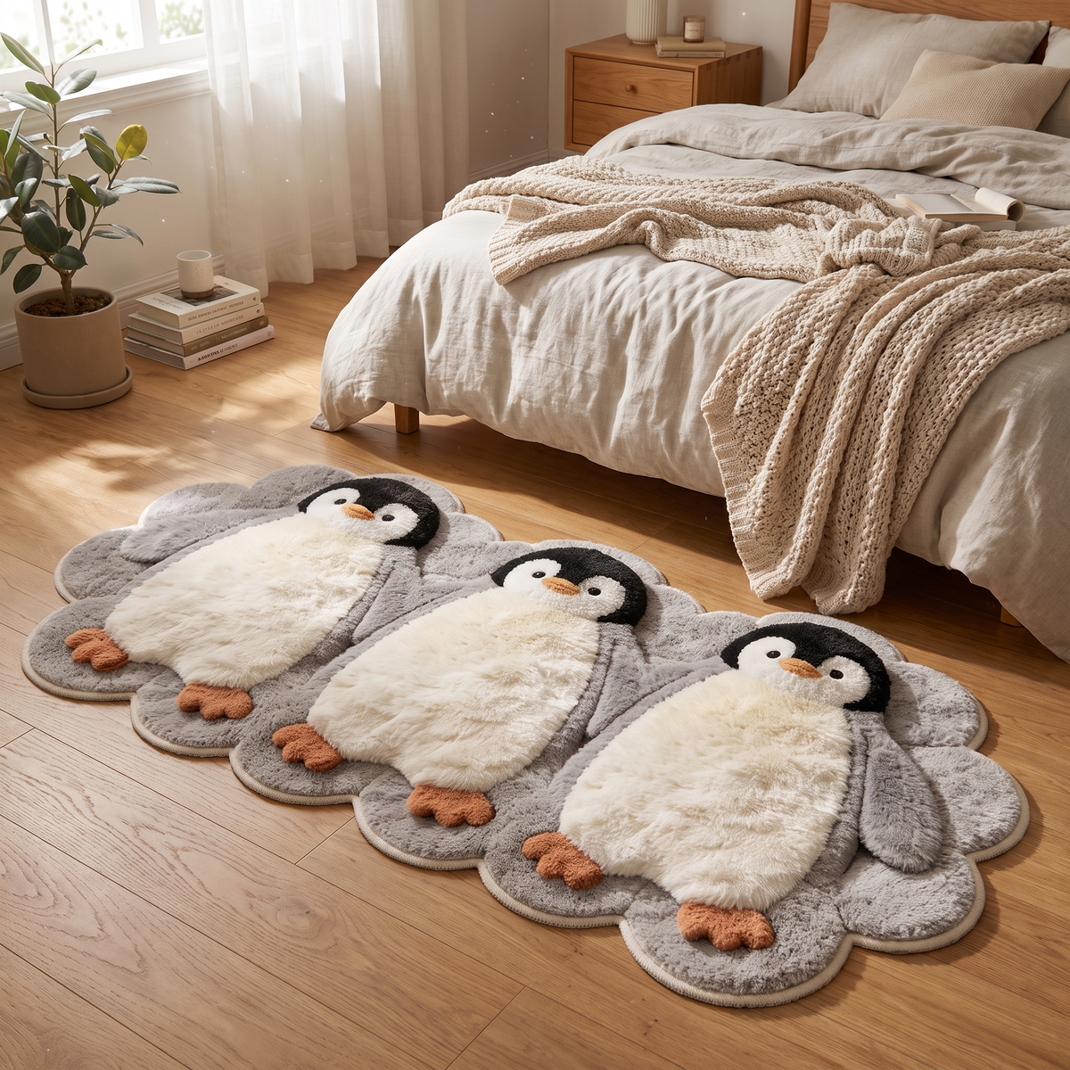 Hand-tufted penguin rug in a bedroom