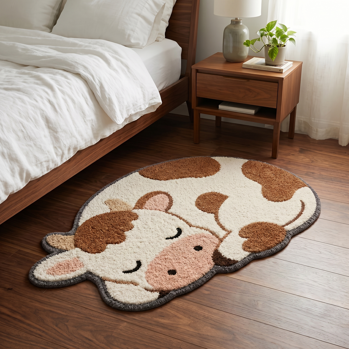 Hand-tufted cow rug beside a bed