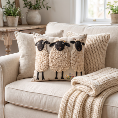 Sheep Trio cushion styled on a linen sofa