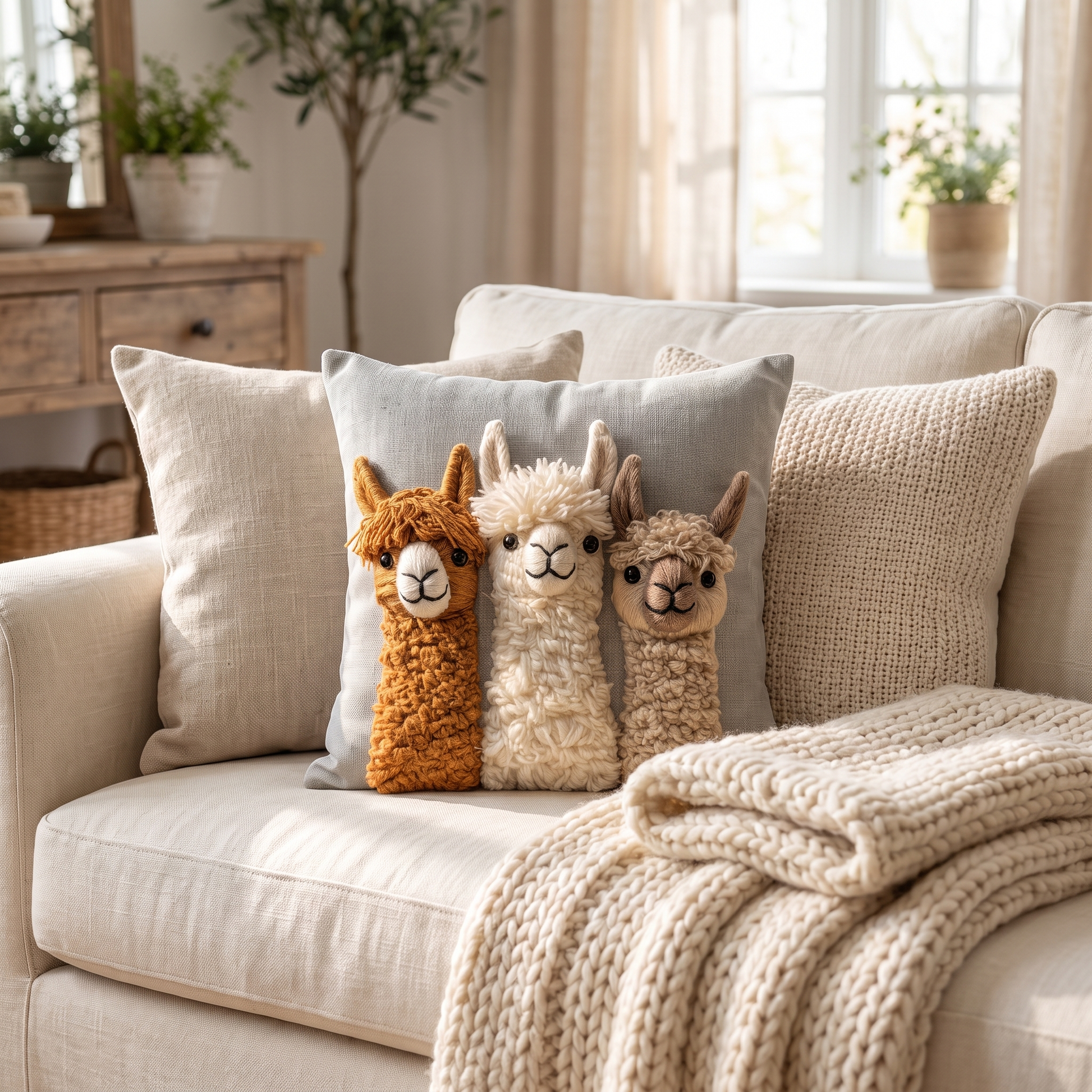 Llama Trio cushion styled on a linen sofa