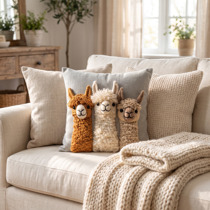 Llama Trio cushion styled on a linen sofa