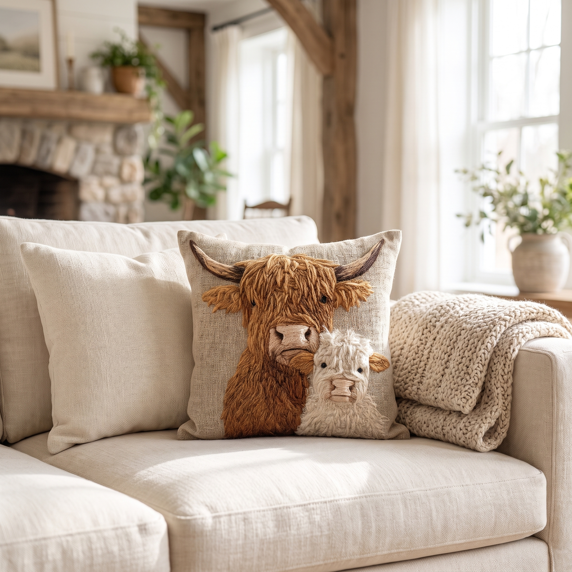 Highland Cow and Calf cushion styled on a linen sofa