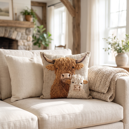 Highland Cow and Calf cushion styled on a linen sofa