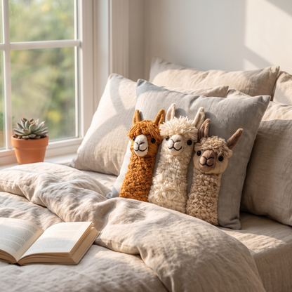Llama Trio cushion on a linen bed by a sunny window