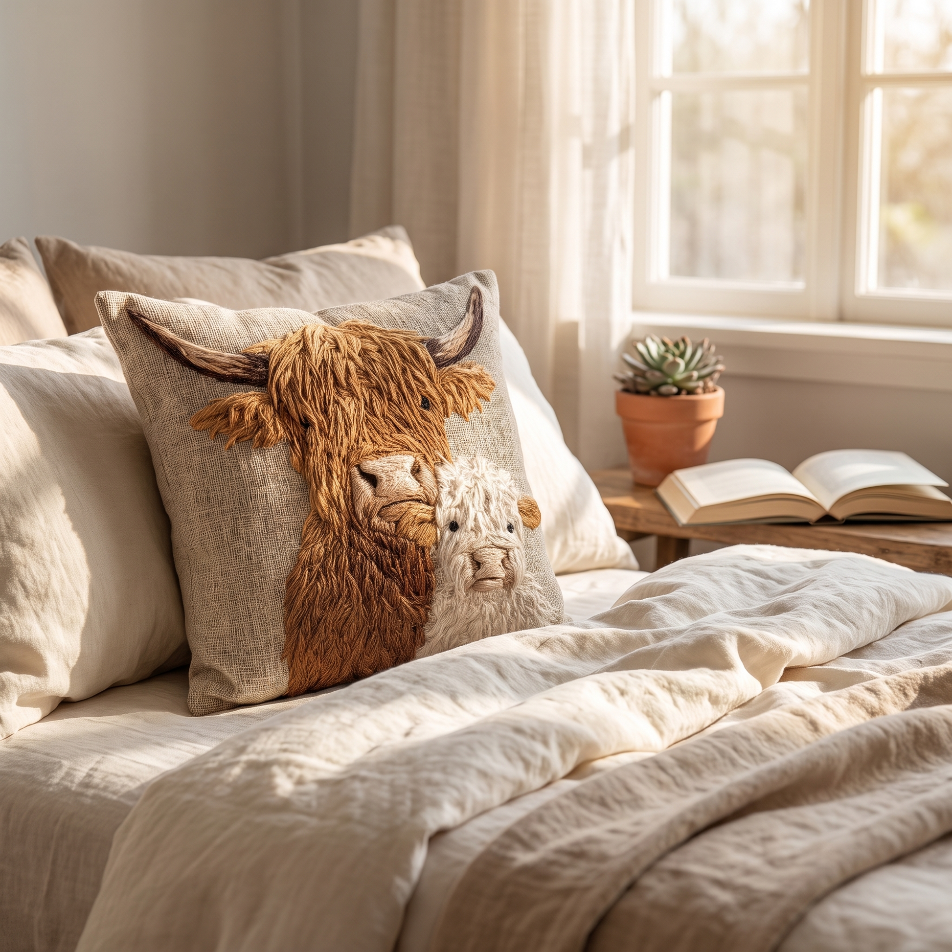 Highland Cow and Calf cushion on a linen bed by a sunny window
