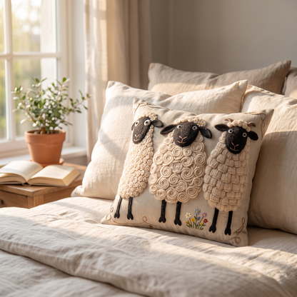 Sheep Trio cushion on a linen bed by a sunny window