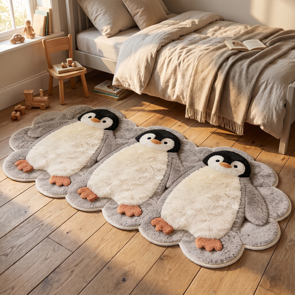 Penguin rug beside a childs bed