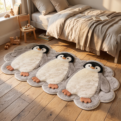 Penguin rug beside a childs bed