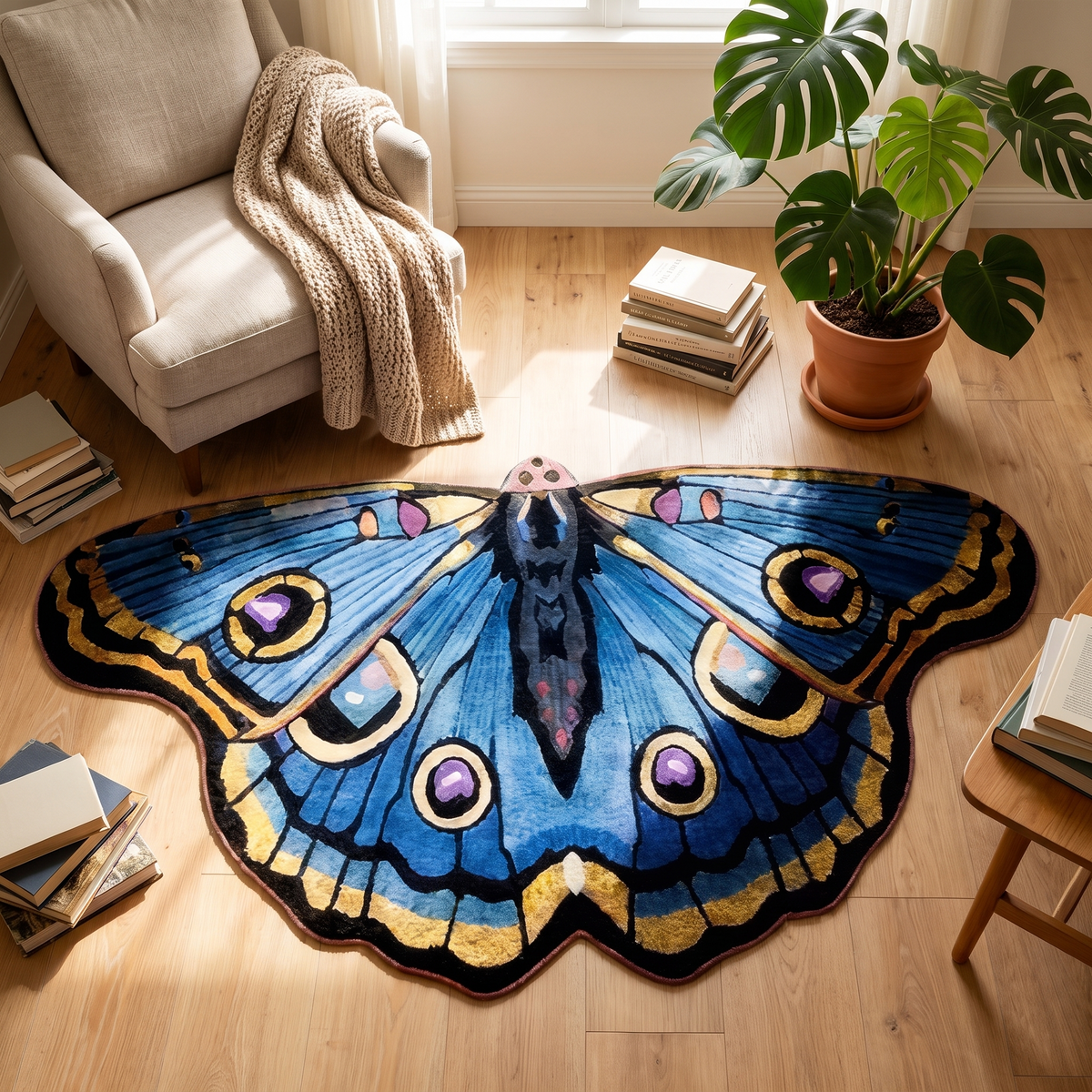 Butterfly rug in a reading nook