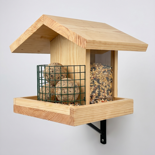 Tom's Hand-Built Bird Feeder - roofed wooden feeder with glass sides, green suet cage and tray
