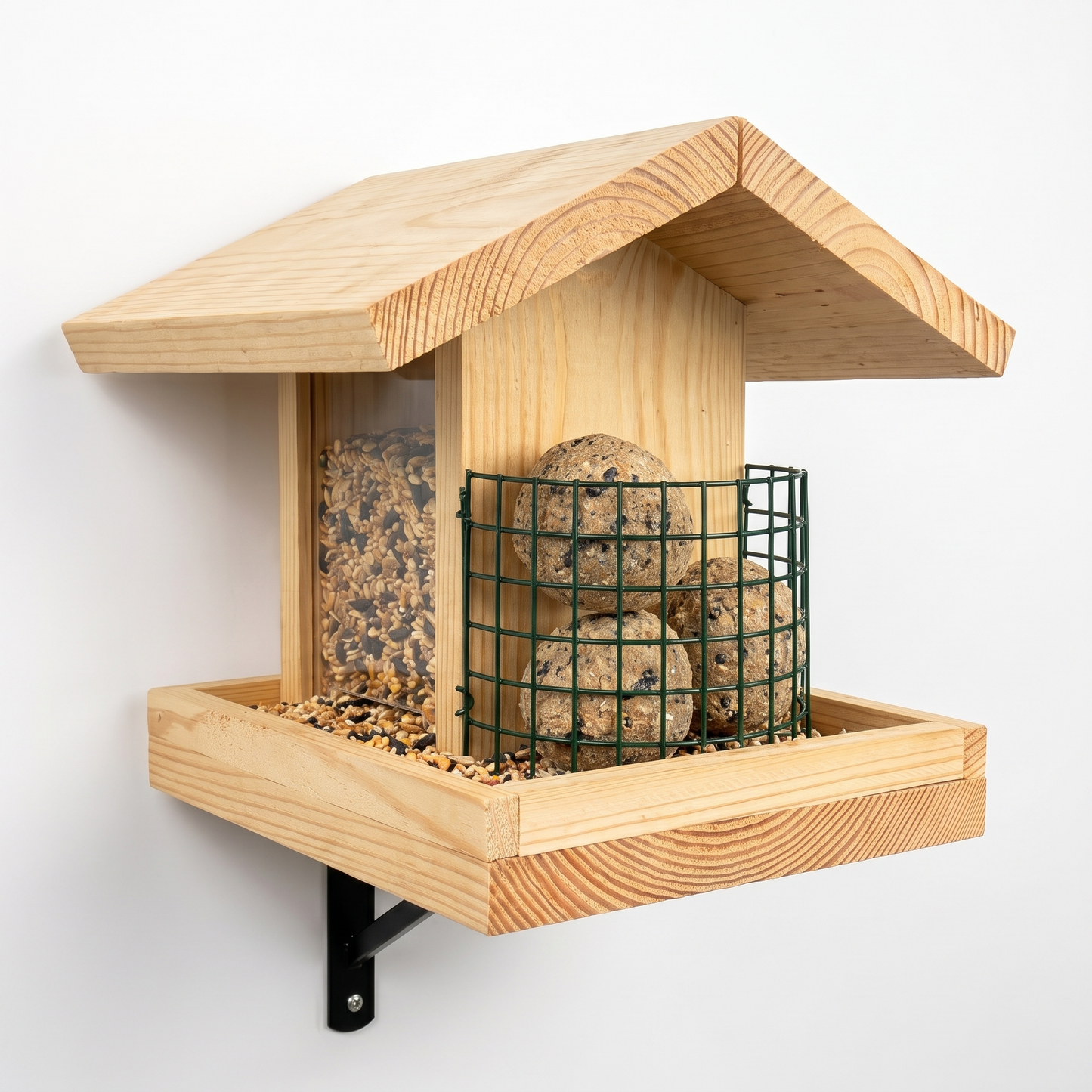 Front view - roof, glass sides, green suet cage and wooden tray