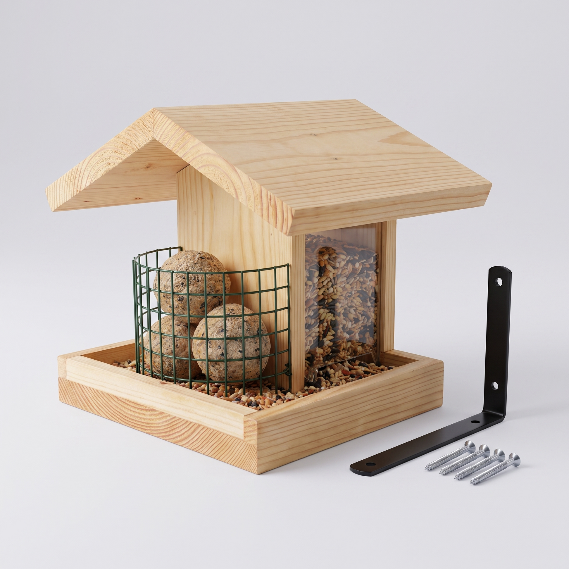 In the set: the feeder plus a black steel L-bracket and screws to hang it
