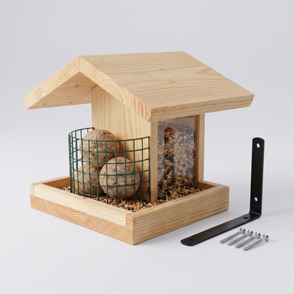 In the set: the feeder plus a black steel L-bracket and screws to hang it