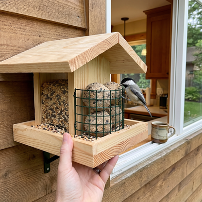 Mounted by a kitchen window with a chickadee feeding
