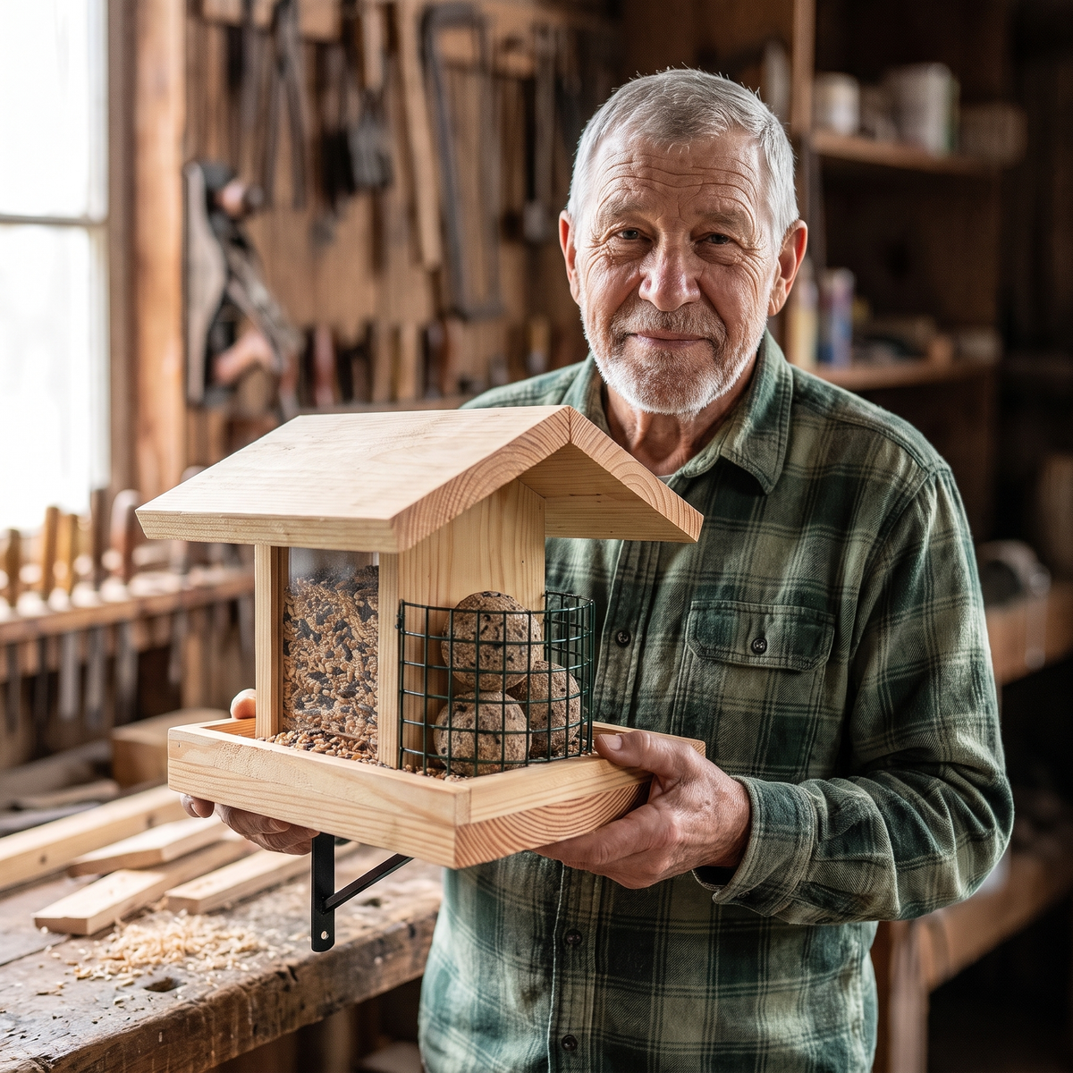 Tom holding his hand-built bird feeder in his barn workshop