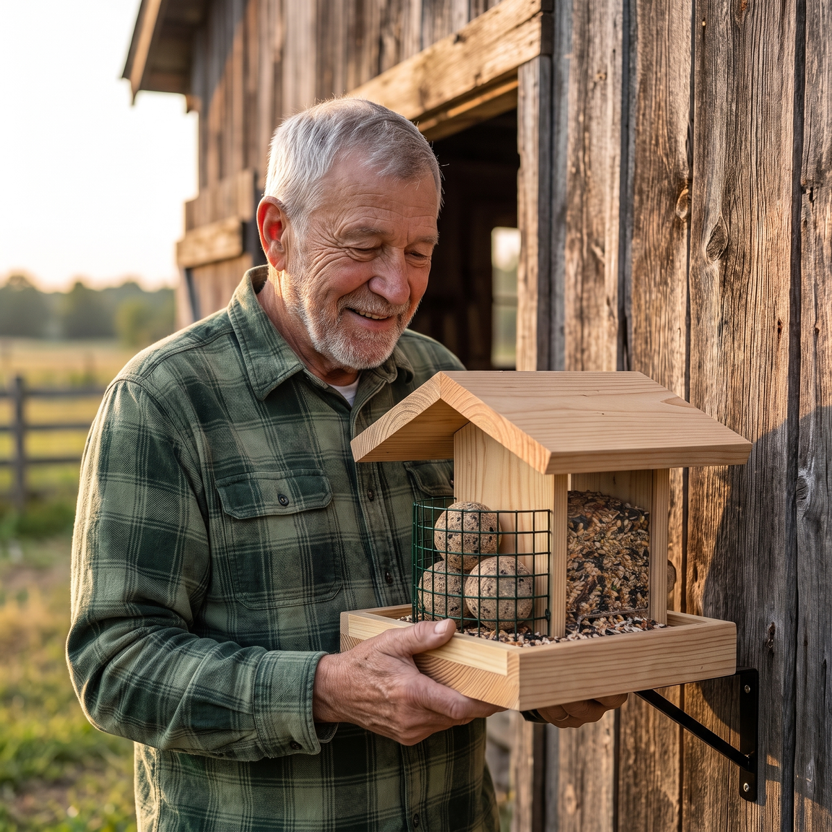 Tom holding a feeder beside his barn at golden hour