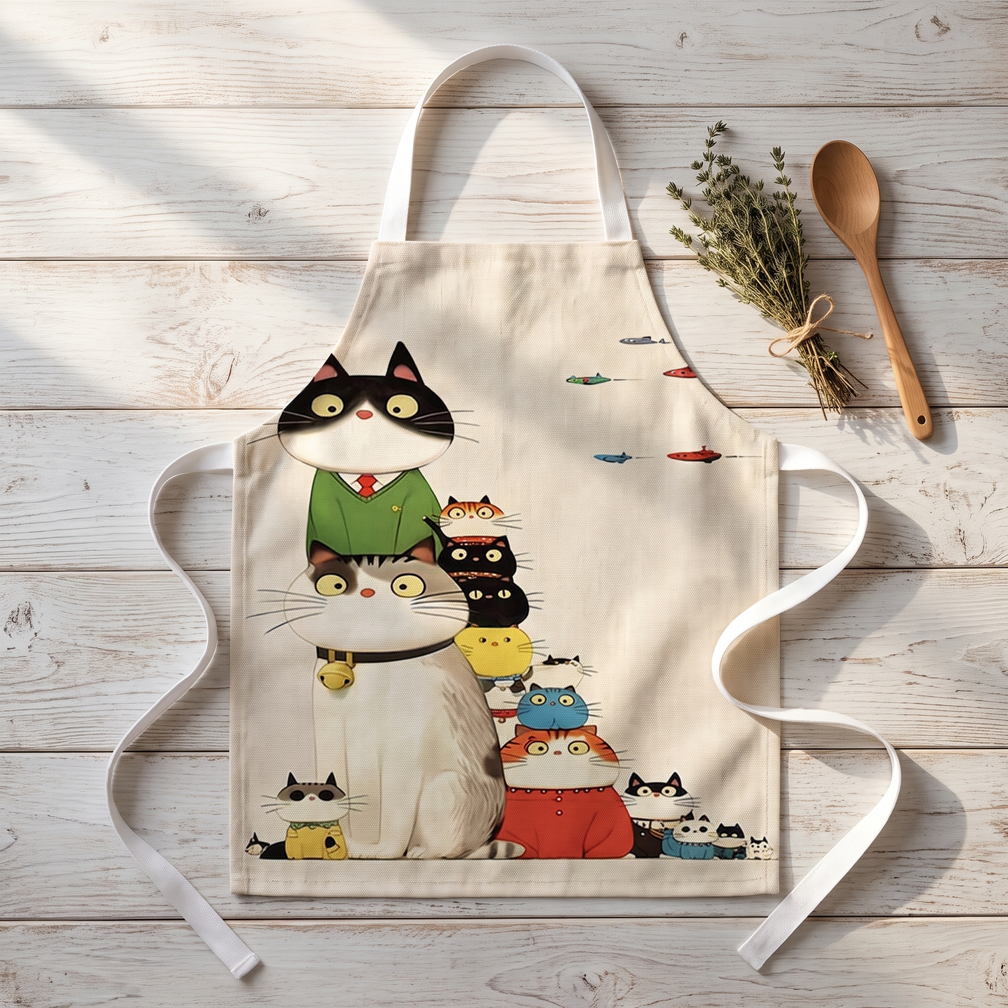 Della's cat apron laid flat showing the sweater-cats design