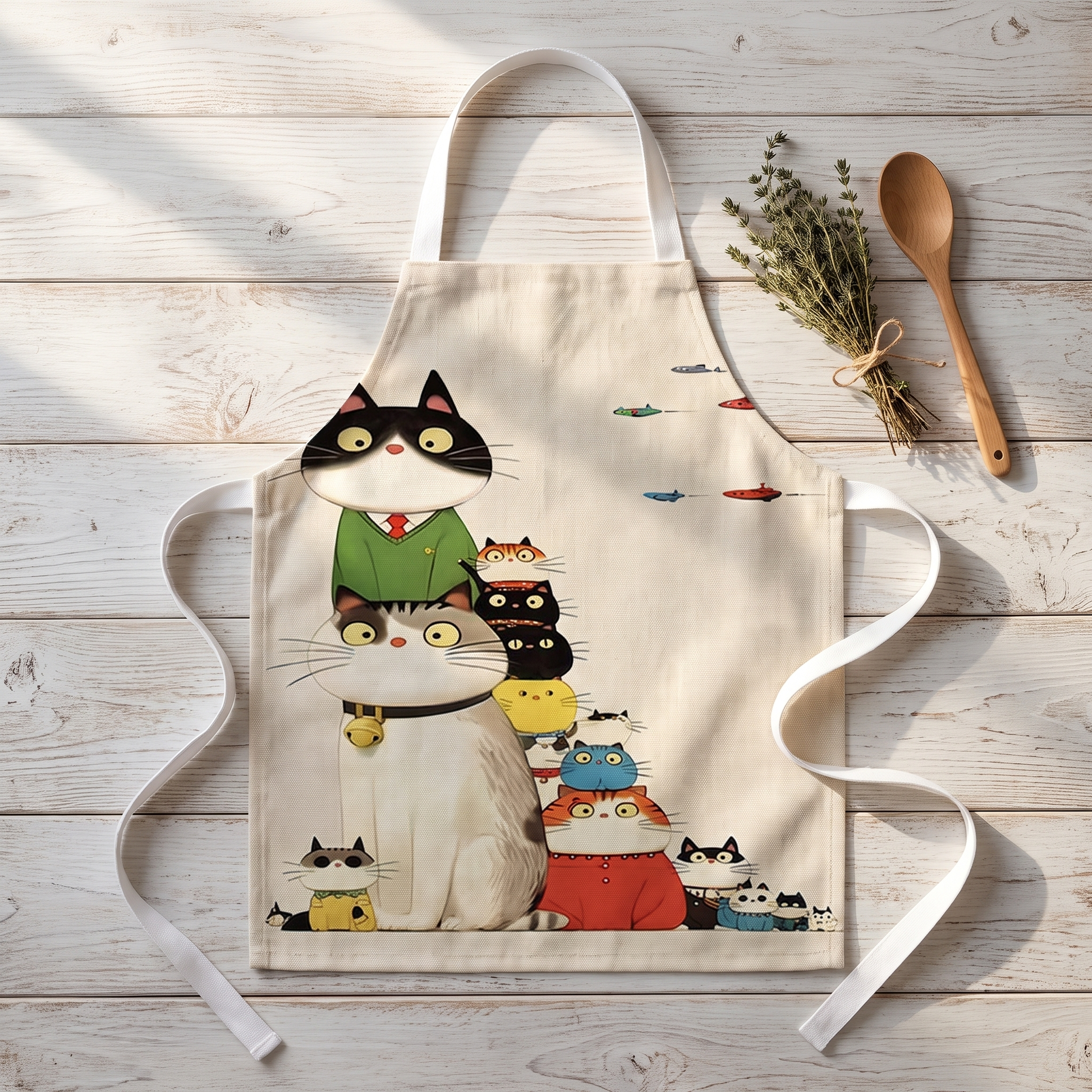 Della's cat apron laid flat showing the sweater-cats design