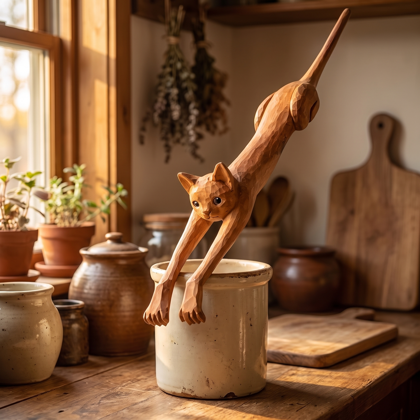 The carved cat scratcher standing in a rustic ceramic crock on a kitchen counter