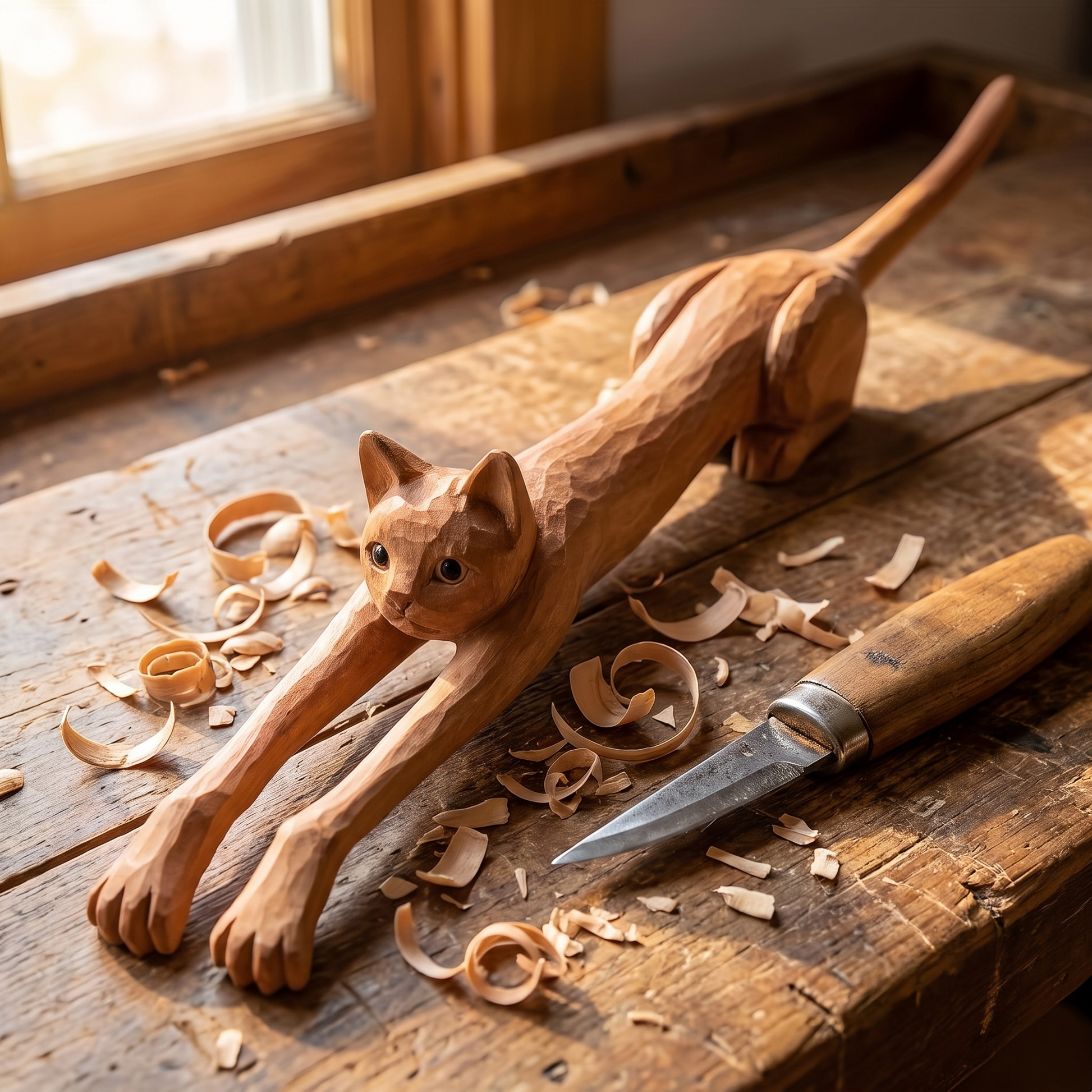 The carved cat scratcher on a workbench among wood shavings with a carving knife