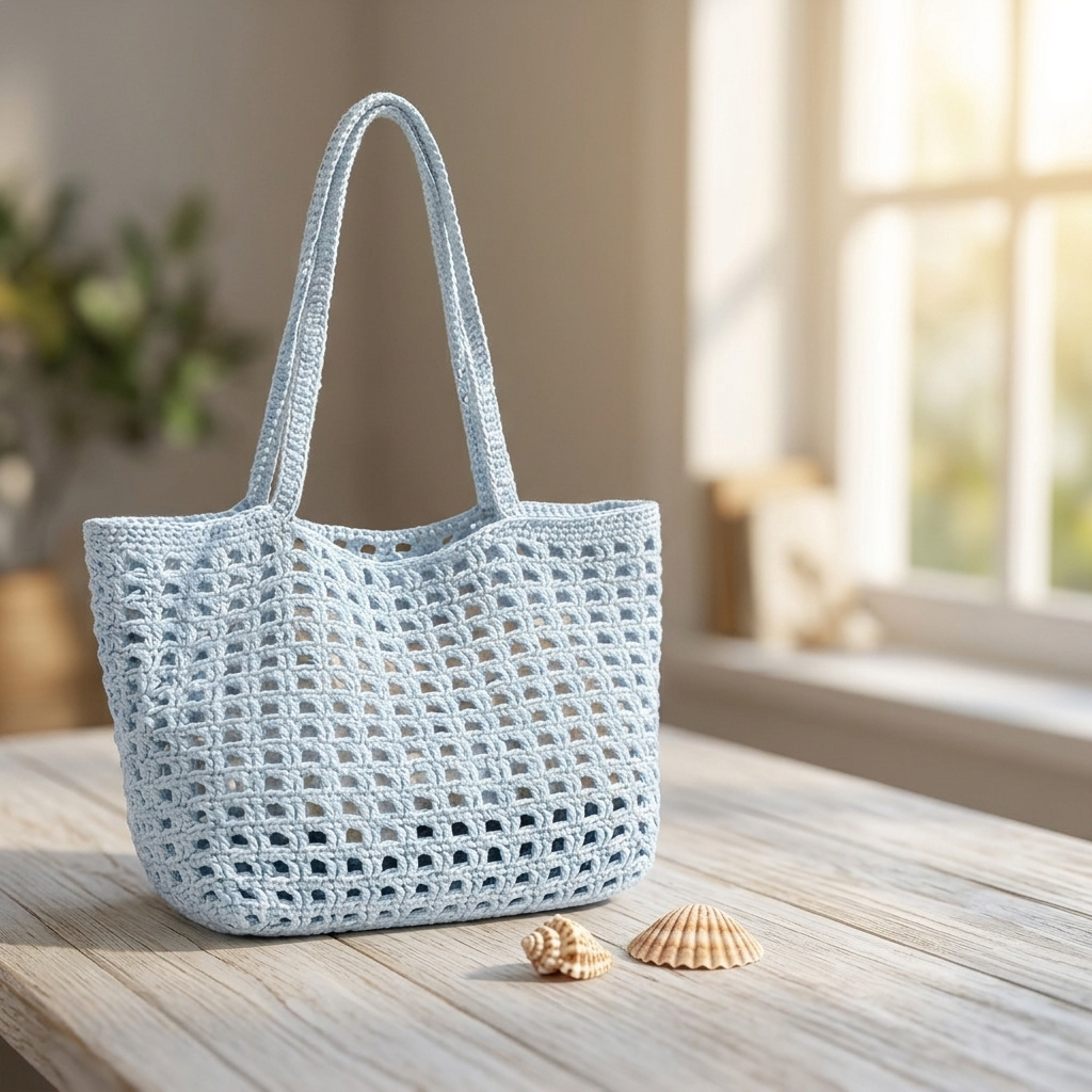 Sky blue open-net crochet tote bag on a wooden table