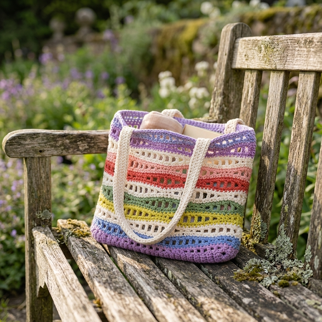 Rainbow striped crochet tote bag on a garden bench