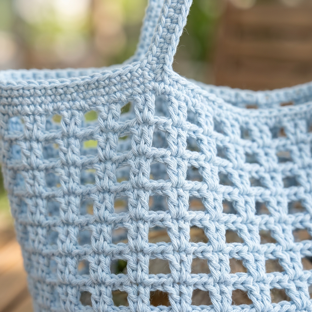 Macro close-up of sky blue open-net crochet stitch