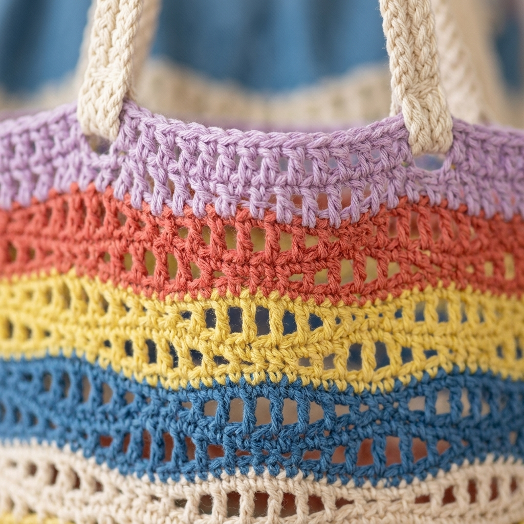 Close-up of rainbow striped wavy mesh crochet stitch