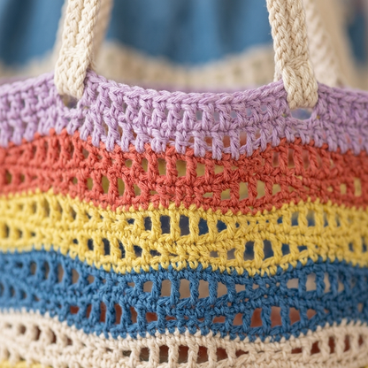 Close-up of rainbow striped wavy mesh crochet stitch