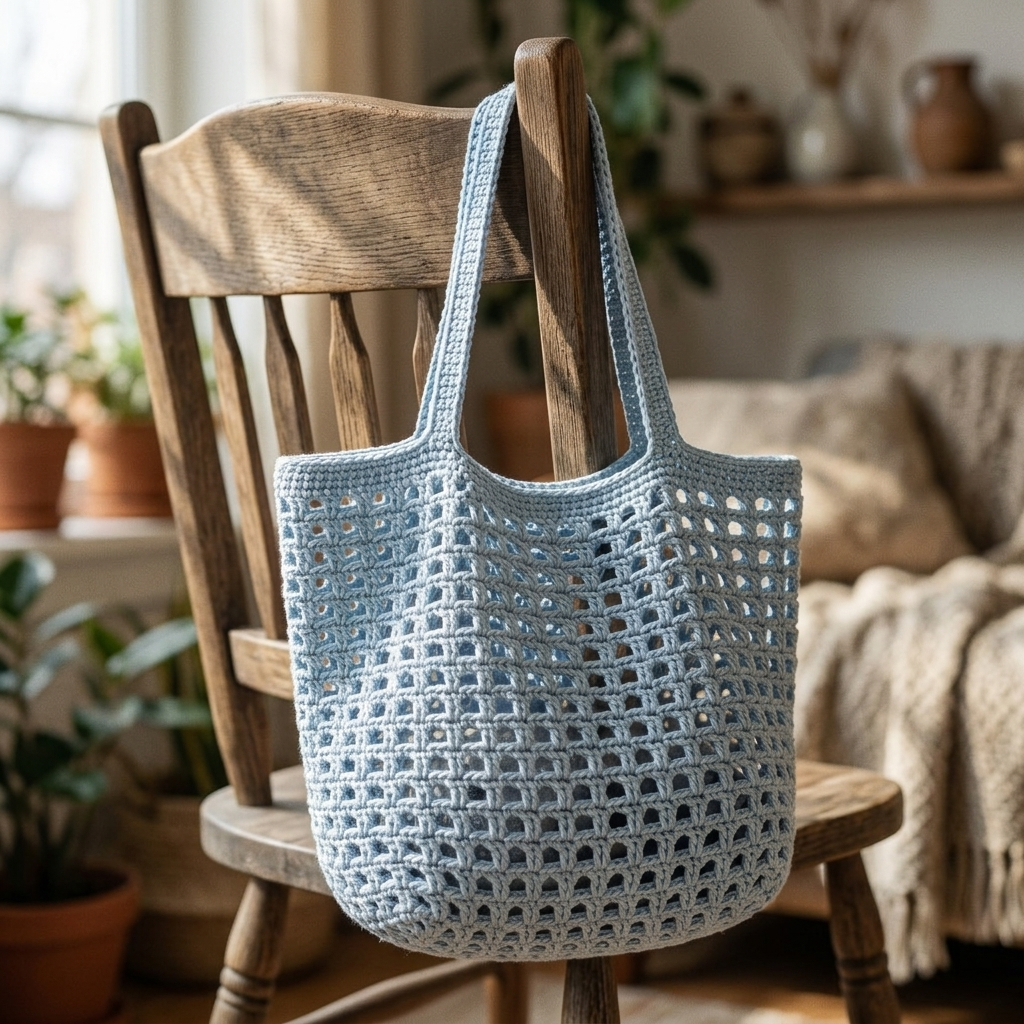 Sky blue open-net crochet tote hanging on a wooden chair