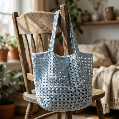 Sky blue open-net crochet tote hanging on a wooden chair