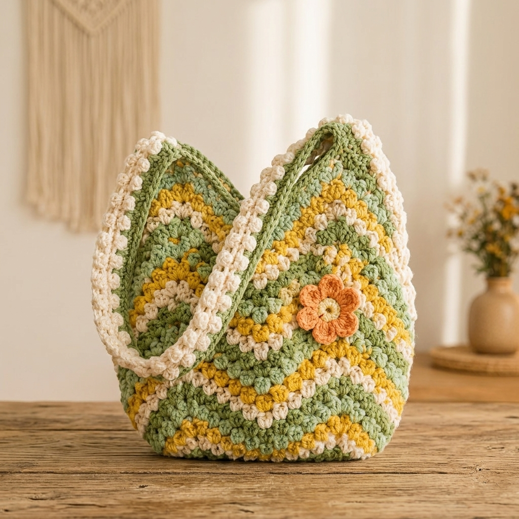 Sage and mustard chevron bean-stitch crochet bag with flower