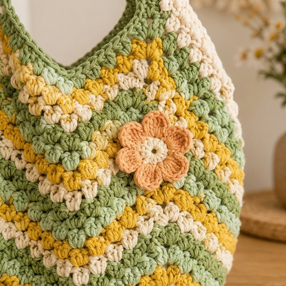 Close-up of the crocheted flower and chevron stitch