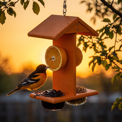 Oriole on the feeder backlit at sunset
