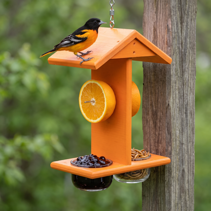 Oriole perched on the stocked feeder mounted on a wooden post