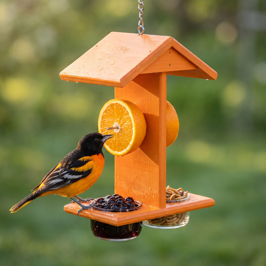 Baltimore oriole feeding at Earl's orange oriole feeder