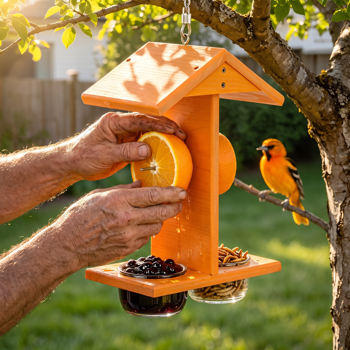 Hands placing a fresh orange half on the feeder as an oriole waits nearby